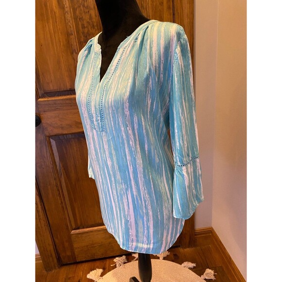 Gloria Vanderbilt Green & White Large Striped  Boho Peasant  Bell Sleeve Blouse - Picture 5 of 11